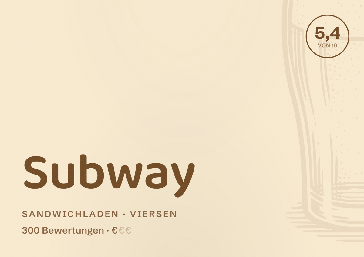 Illustriertes Poster von Subway, Sandwichladen in Viersen: Bewertung 5,4 von 10 aus 300 Bewertungen, Preisniveau €