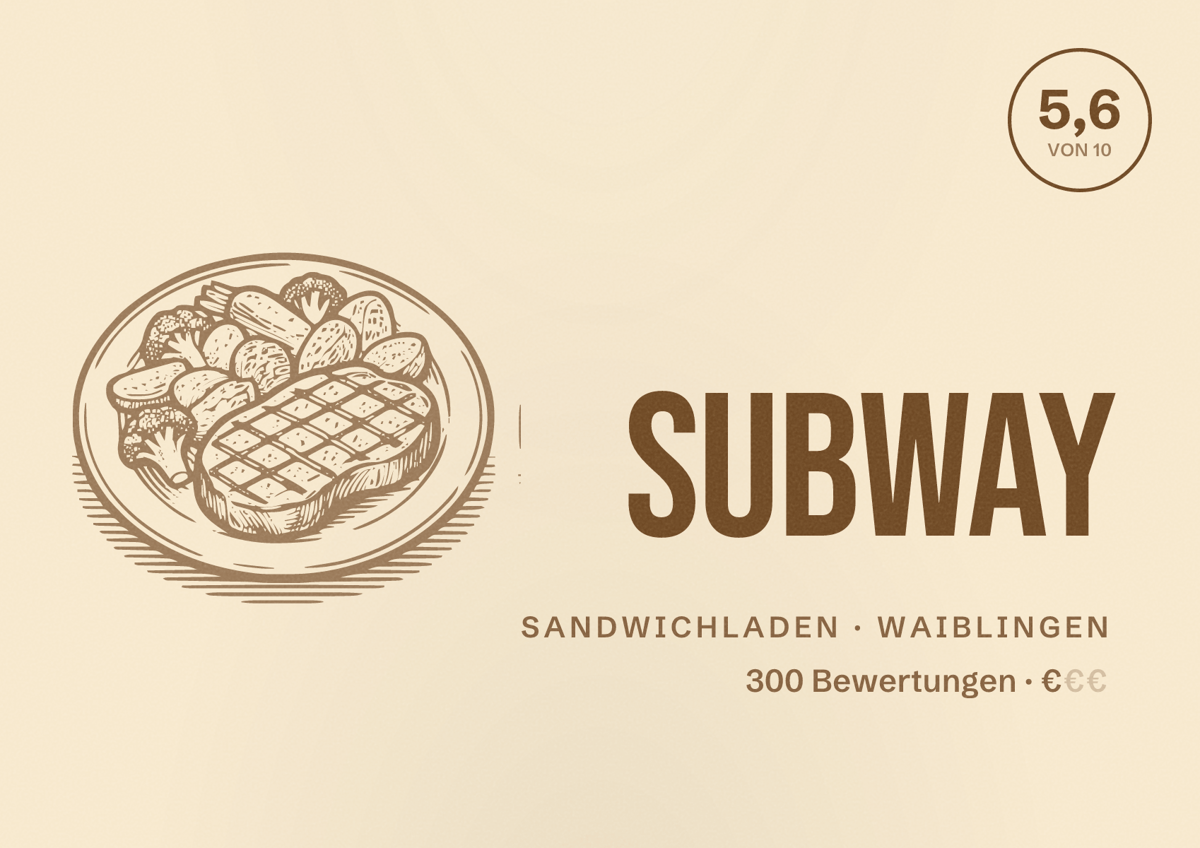 Illustriertes Poster von Subway, Sandwichladen in Waiblingen: Bewertung 5,6 von 10 aus 300 Bewertungen, Preisniveau €