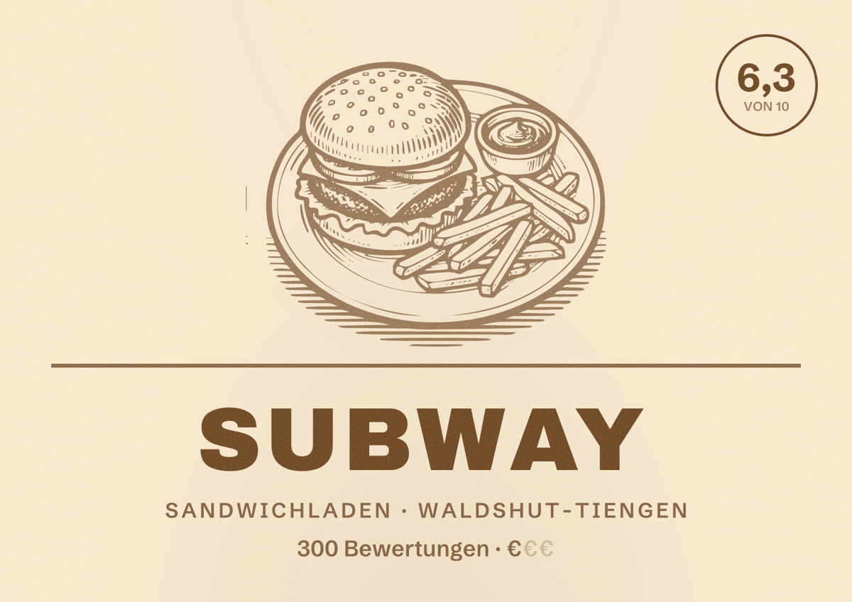 Illustriertes Poster von Subway, Sandwichladen in Waldshut-Tiengen: Bewertung 6,3 von 10 aus 300 Bewertungen, Preisniveau €