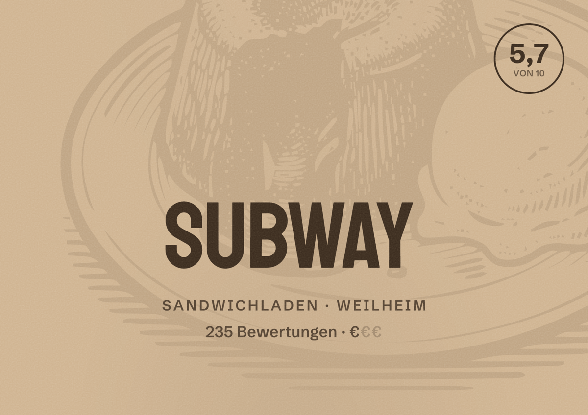 Illustriertes Poster von Subway, Sandwichladen in Weilheim: Bewertung 5,7 von 10 aus 235 Bewertungen, Preisniveau €