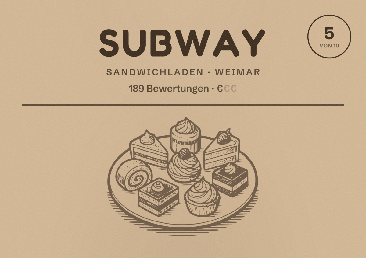 Illustriertes Poster von Subway, Sandwichladen in Weimar: Bewertung 5 von 10 aus 189 Bewertungen, Preisniveau €