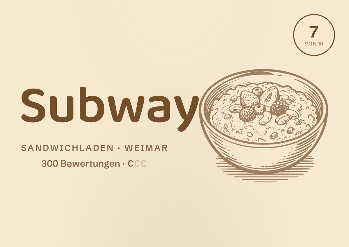 Illustriertes Poster von Subway, Sandwichladen in Weimar: Bewertung 7 von 10 aus 300 Bewertungen, Preisniveau €
