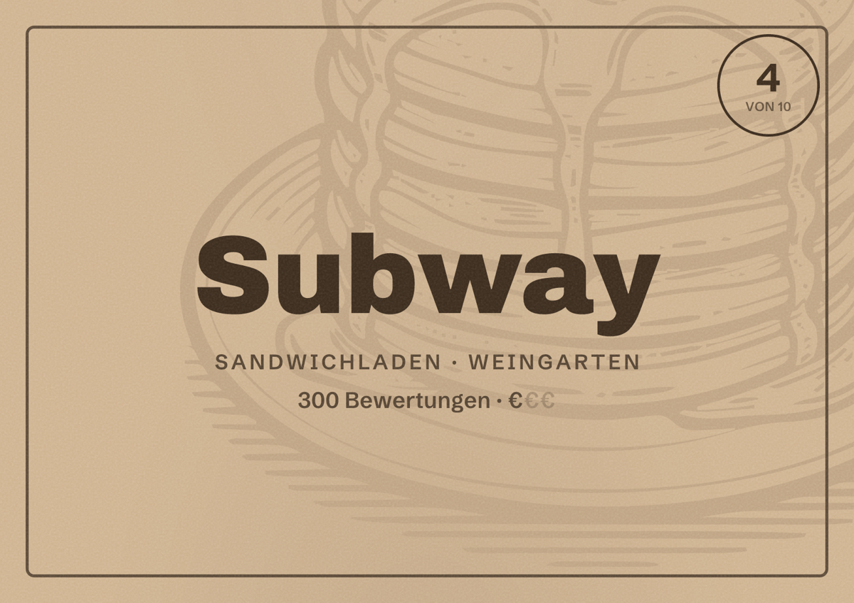 Illustriertes Poster von Subway, Sandwichladen in Weingarten: Bewertung 4 von 10 aus 300 Bewertungen, Preisniveau €