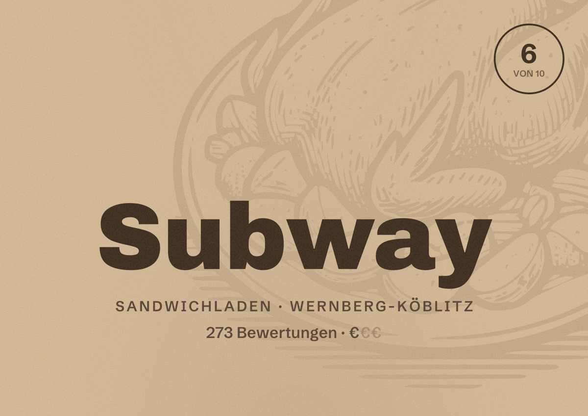 Illustriertes Poster von Subway, Sandwichladen in Wernberg-Köblitz: Bewertung 6 von 10 aus 273 Bewertungen, Preisniveau €