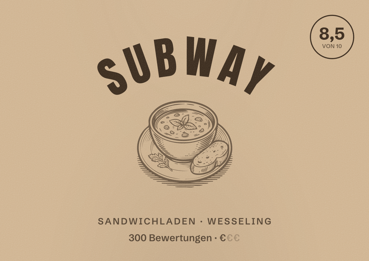 Illustriertes Poster von Subway, Sandwichladen in Wesseling: Bewertung 8,5 von 10 aus 300 Bewertungen, Preisniveau €