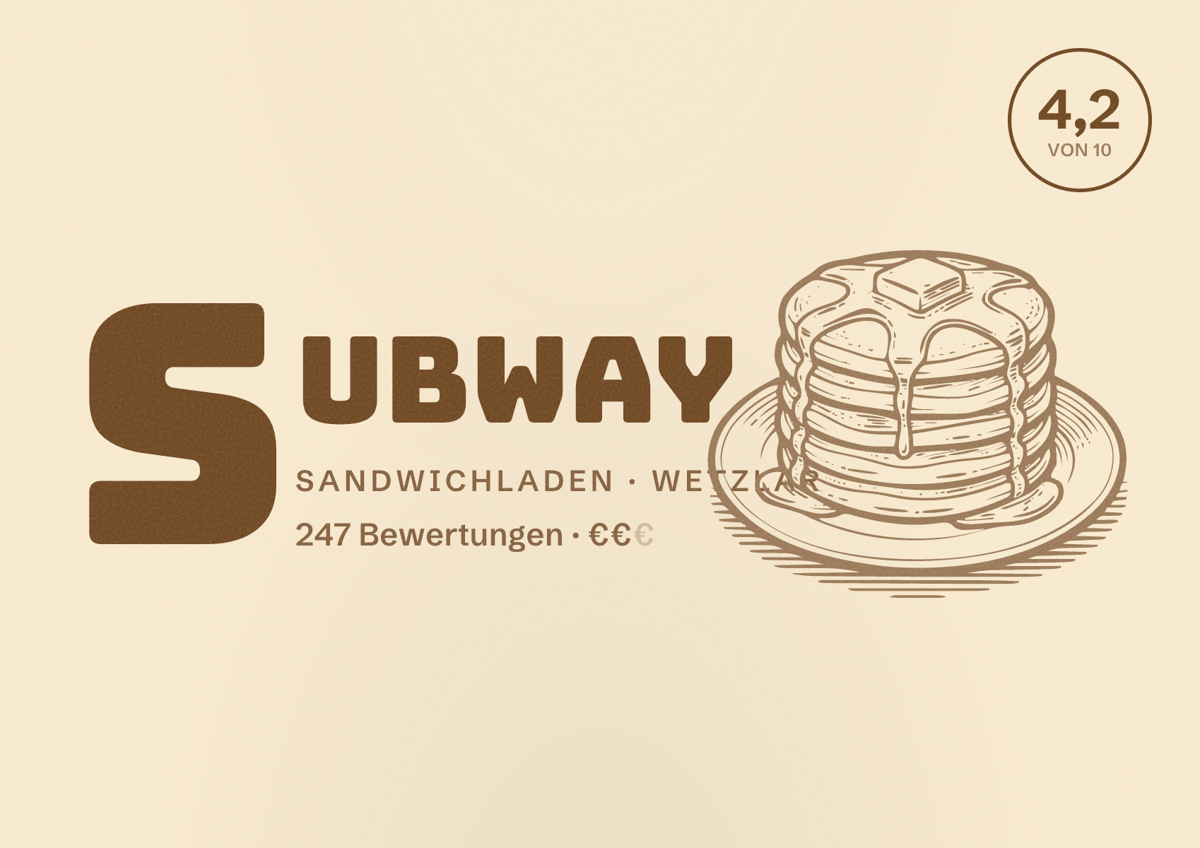 Illustriertes Poster von Subway, Sandwichladen in Wetzlar: Bewertung 4,2 von 10 aus 247 Bewertungen, Preisniveau €€