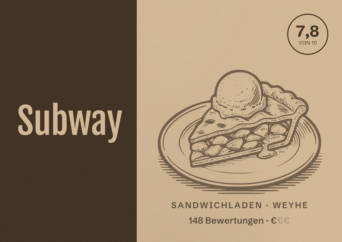 Illustriertes Poster von Subway, Sandwichladen in Weyhe: Bewertung 7,8 von 10 aus 148 Bewertungen, Preisniveau €