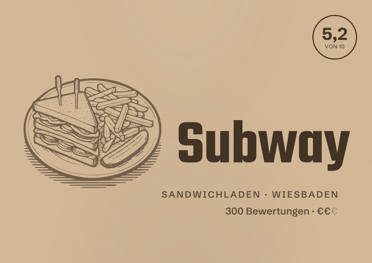 Illustriertes Poster von Subway, Sandwichladen in Wiesbaden: Bewertung 5,2 von 10 aus 300 Bewertungen, Preisniveau €€