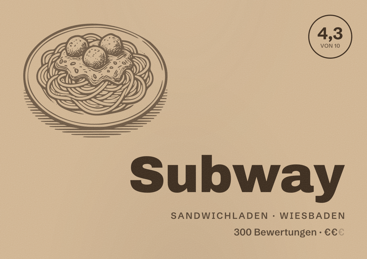 Illustriertes Poster von Subway, Sandwichladen in Wiesbaden: Bewertung 4,3 von 10 aus 300 Bewertungen, Preisniveau €€
