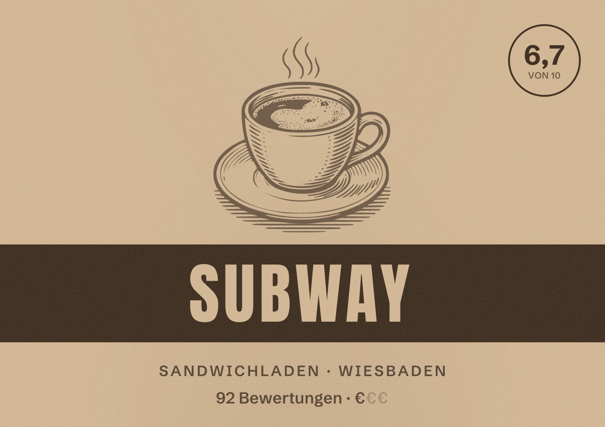 Illustriertes Poster von Subway, Sandwichladen in Wiesbaden: Bewertung 6,7 von 10 aus 92 Bewertungen, Preisniveau €
