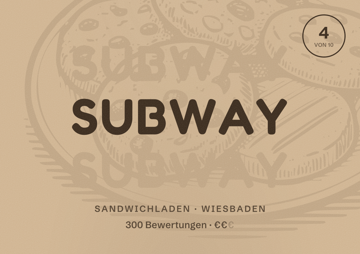 Illustriertes Poster von Subway, Sandwichladen in Wiesbaden: Bewertung 4,0 von 10 aus 300 Bewertungen, Preisniveau €€