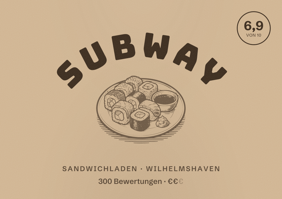 Illustriertes Poster von Subway, Sandwichladen in Wilhelmshaven: Bewertung 6,9 von 10 aus 300 Bewertungen, Preisniveau €€