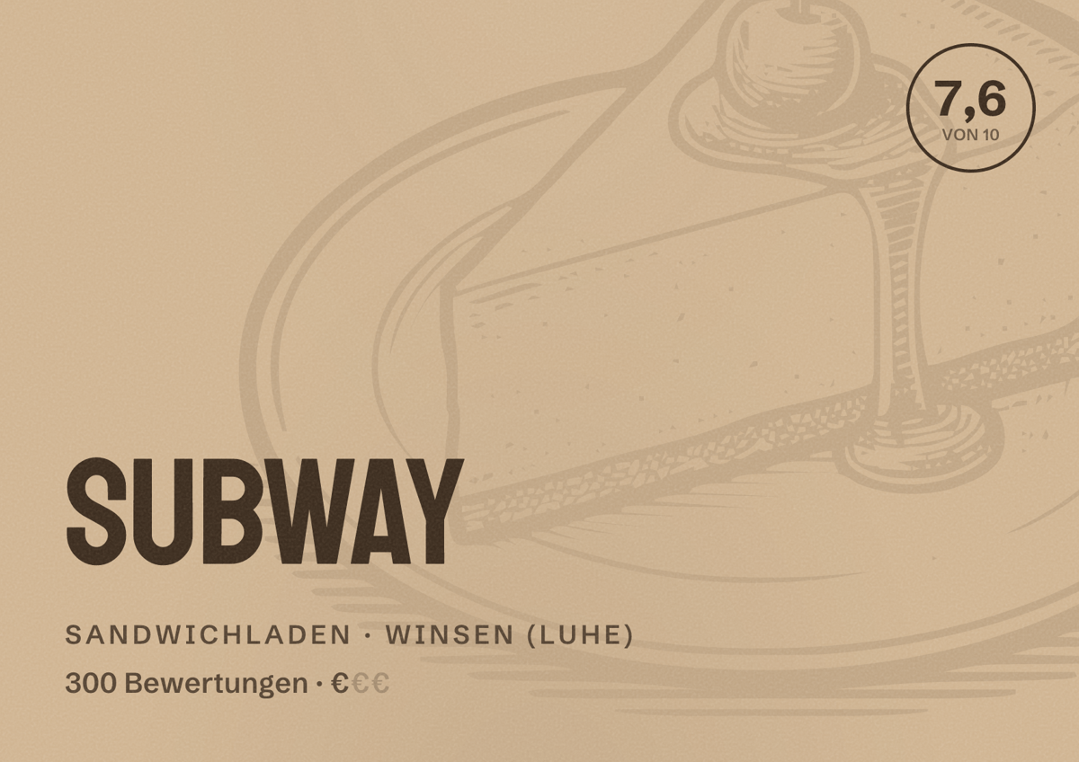 Illustriertes Poster von Subway, Sandwichladen in Winsen (Luhe): Bewertung 7,6 von 10 aus 300 Bewertungen, Preisniveau €
