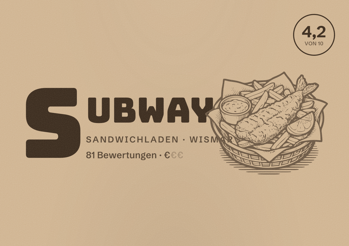 Illustriertes Poster von Subway, Sandwichladen in Wismar: Bewertung 4,2 von 10 aus 81 Bewertungen, Preisniveau €