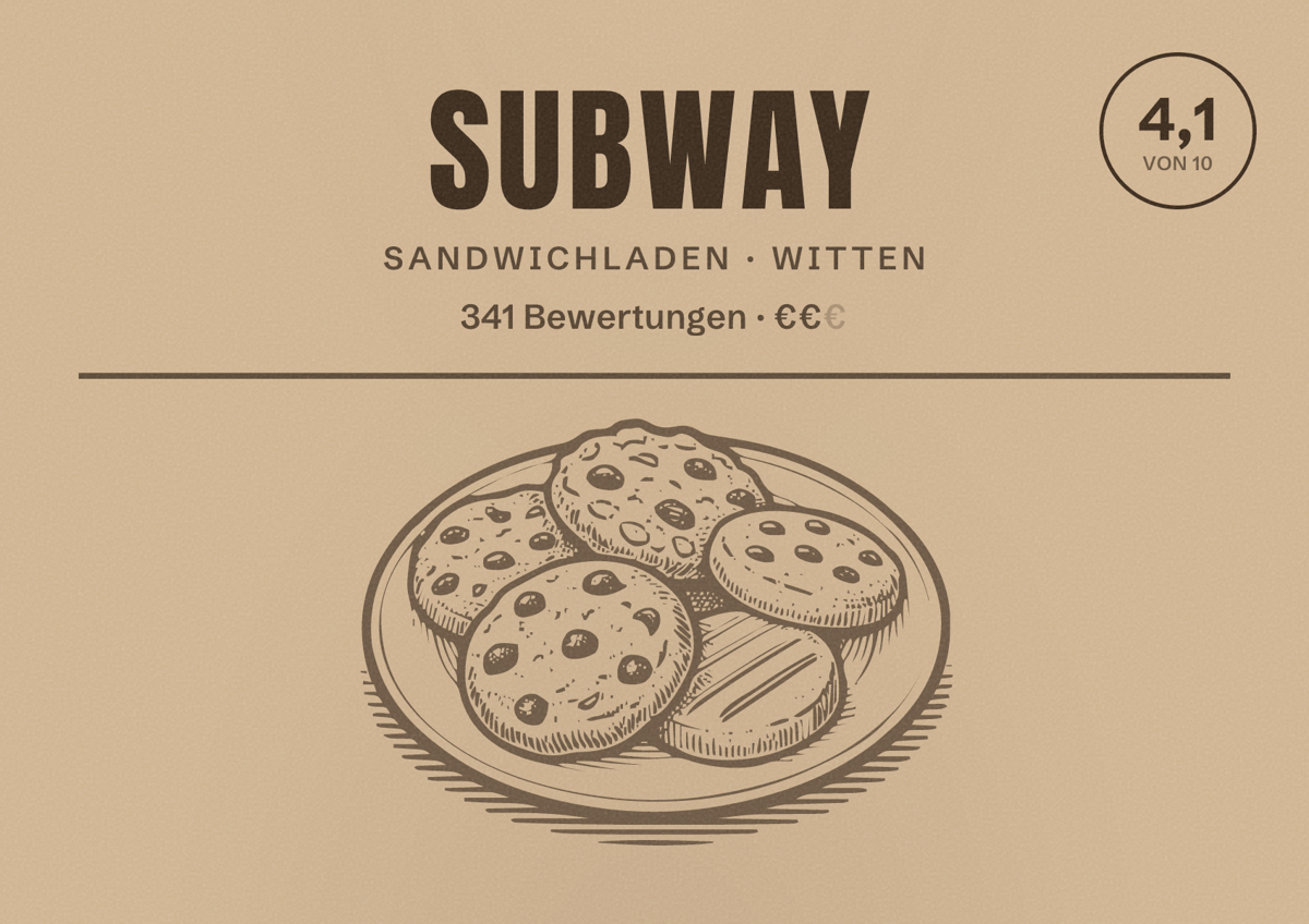 Illustriertes Poster von Subway, Sandwichladen in Witten: Bewertung 4,1 von 10 aus 341 Bewertungen, Preisniveau €€