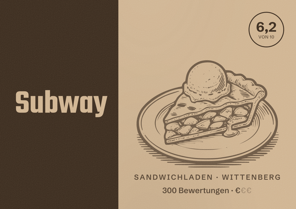 Illustriertes Poster von Subway, Sandwichladen in Wittenberg: Bewertung 6,2 von 10 aus 300 Bewertungen, Preisniveau €