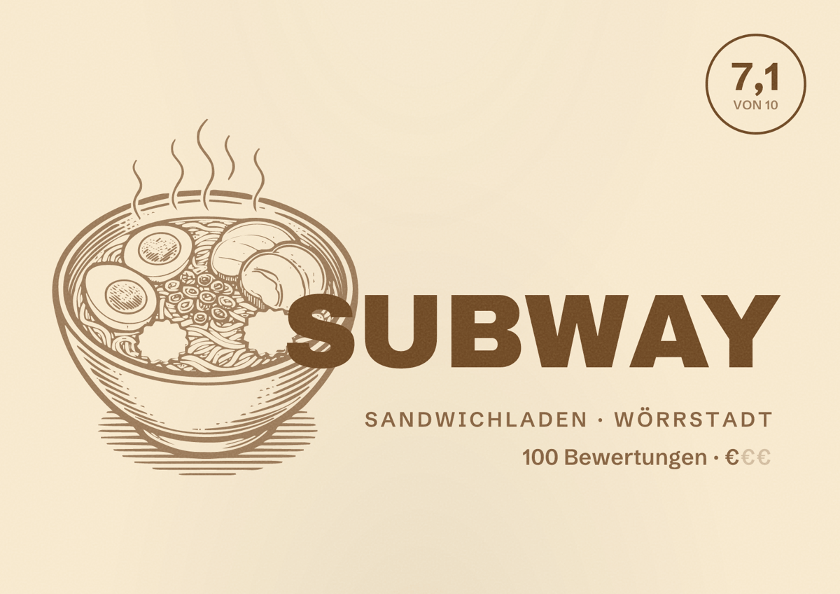 Illustriertes Poster von SUBWAY, Sandwichladen in Wörrstadt: Bewertung 7,1 von 10 aus 100 Bewertungen, Preisniveau €