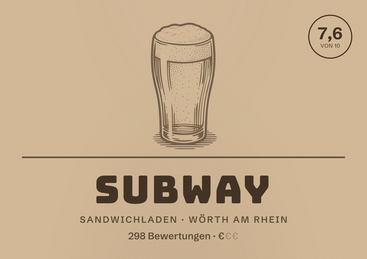 Illustriertes Poster von Subway, Sandwichladen in Wörth am Rhein: Bewertung 7,6 von 10 aus 298 Bewertungen, Preisniveau €