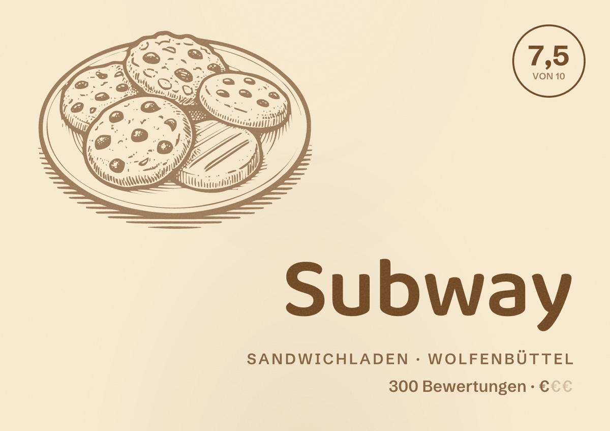 Illustriertes Poster von Subway, Sandwichladen in Wolfenbüttel: Bewertung 7,5 von 10 aus 300 Bewertungen, Preisniveau €