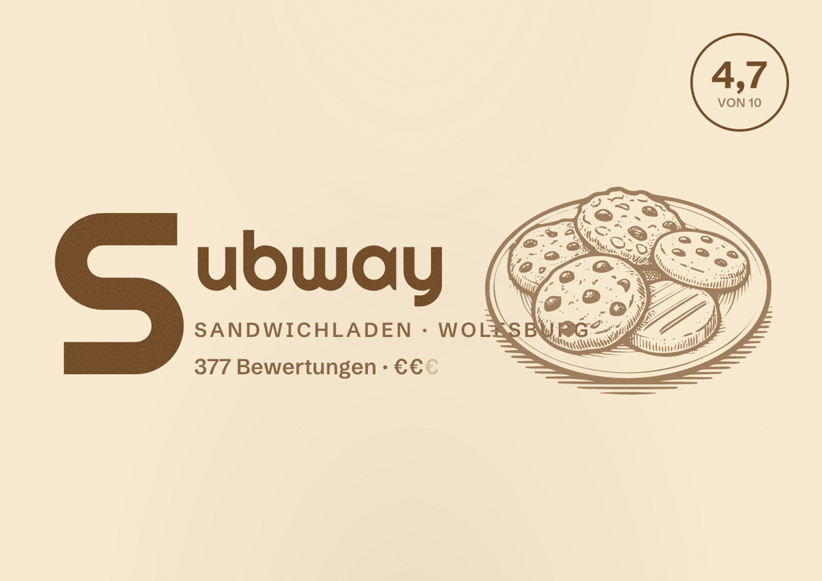 Illustriertes Poster von Subway, Sandwichladen in Wolfsburg: Bewertung 4,7 von 10 aus 377 Bewertungen, Preisniveau €€