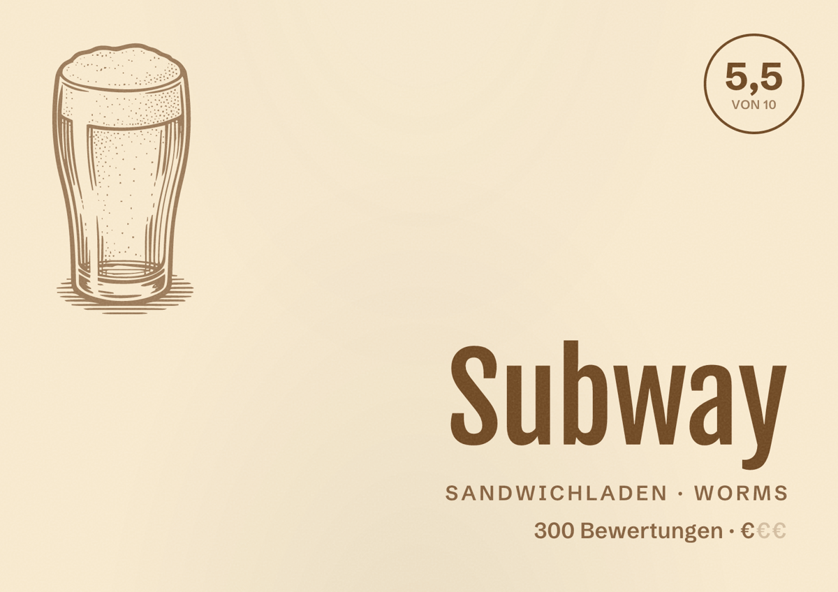 Illustriertes Poster von Subway, Sandwichladen in Worms: Bewertung 5,5 von 10 aus 300 Bewertungen, Preisniveau €