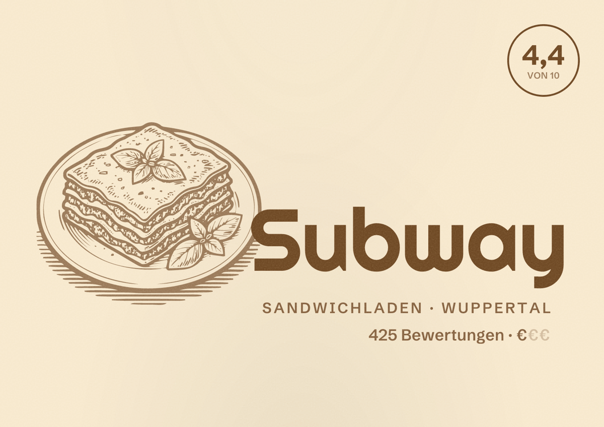 Illustriertes Poster von Subway, Sandwichladen in Wuppertal: Bewertung 4,4 von 10 aus 425 Bewertungen, Preisniveau €
