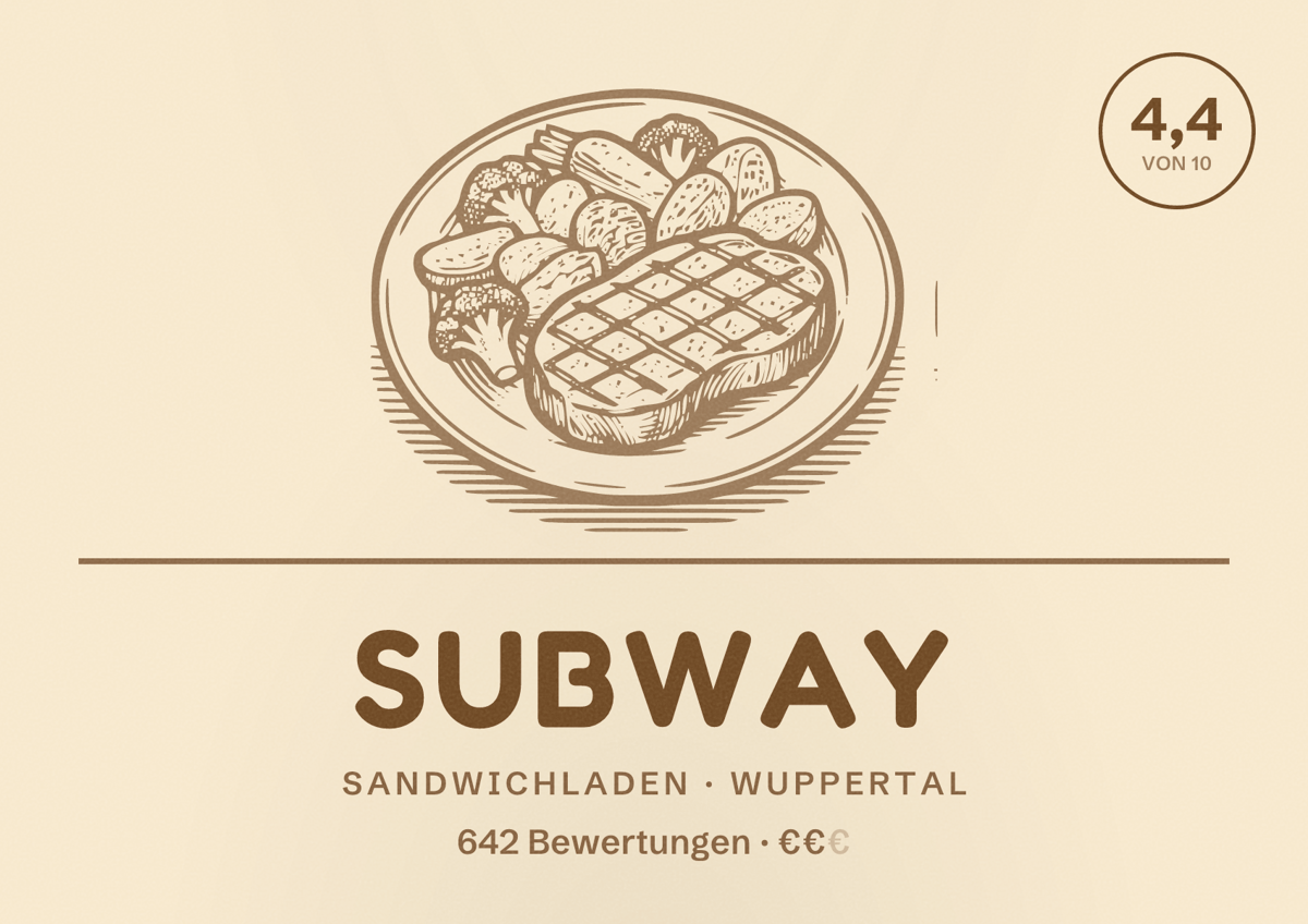 Illustriertes Poster von Subway, Sandwichladen in Wuppertal: Bewertung 4,4 von 10 aus 642 Bewertungen, Preisniveau €€