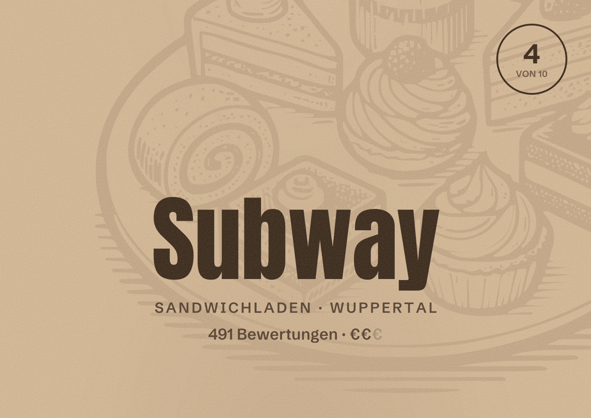 Illustriertes Poster von Subway, Sandwichladen in Wuppertal: Bewertung 4 von 10 aus 491 Bewertungen, Preisniveau €€