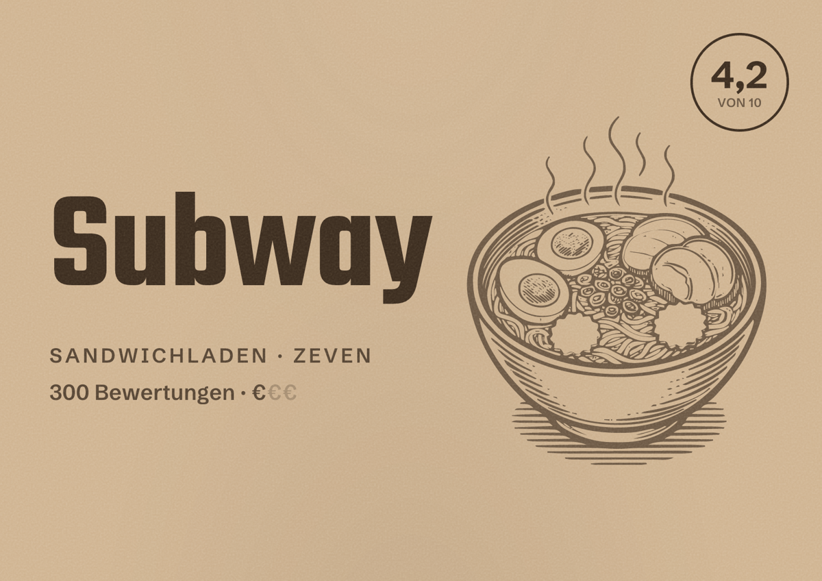 Illustriertes Poster von Subway, Sandwichladen in Zeven: Bewertung 4,2 von 10 aus 300 Bewertungen, Preisniveau €