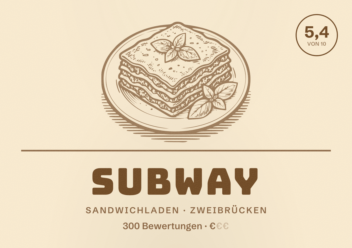 Illustriertes Poster von Subway, Sandwichladen in Zweibrücken: Bewertung 5,4 von 10 aus 300 Bewertungen, Preisniveau €
