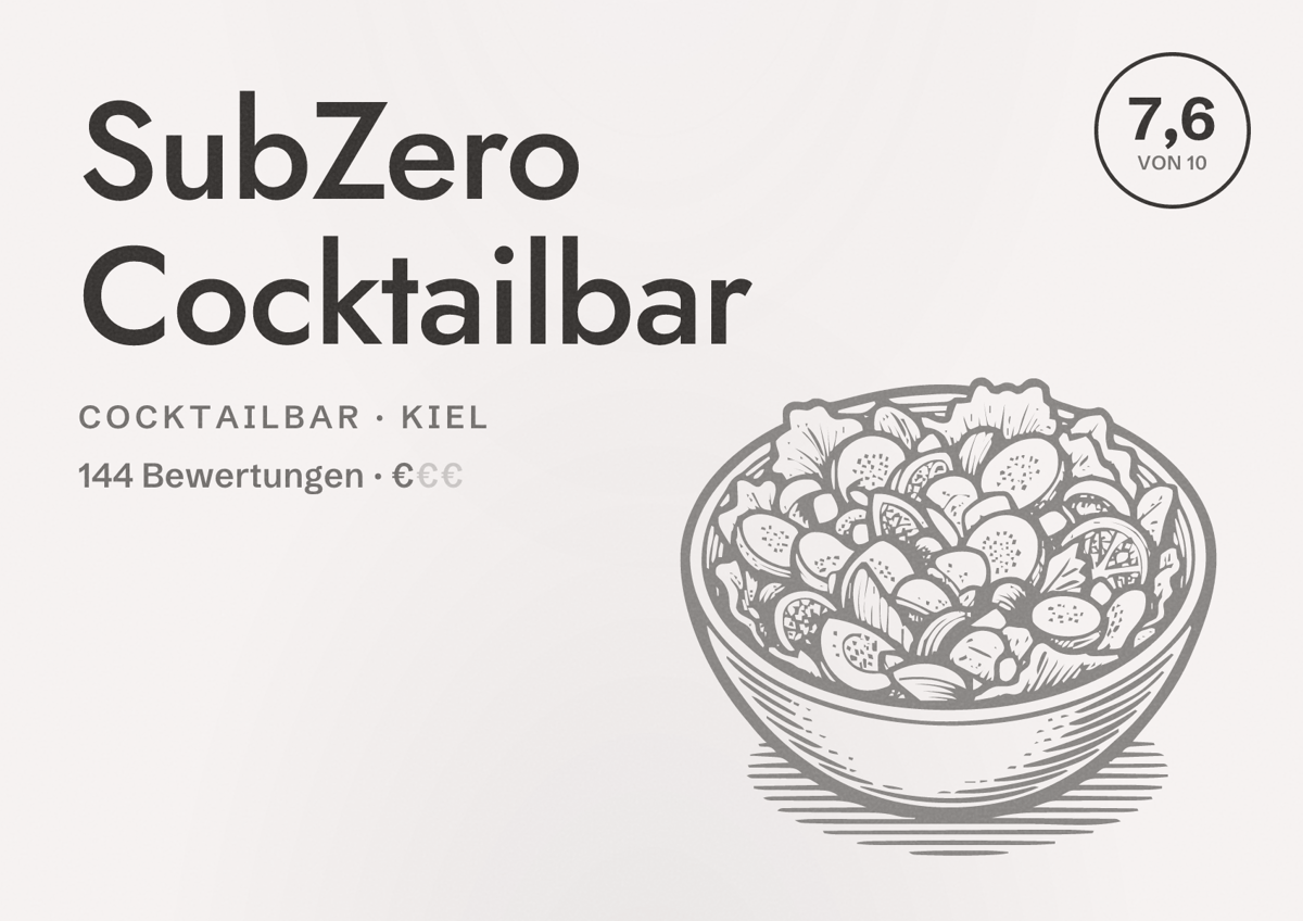 Illustriertes Poster von SubZero Cocktailbar, Cocktailbar in Kiel: Bewertung 7,6 von 10 aus 144 Bewertungen, Preisniveau €