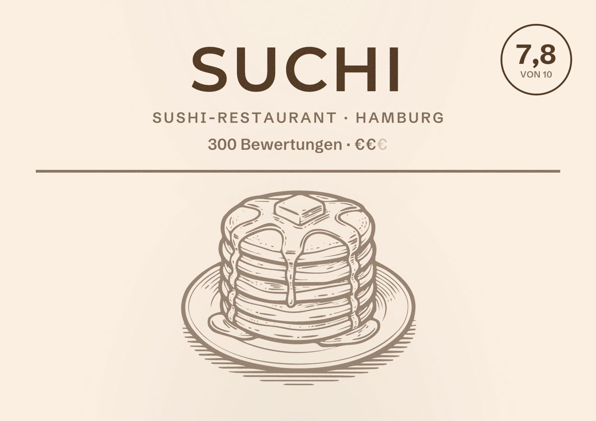 Illustriertes Poster von SuChi, Sushi-Restaurant in Hamburg: Bewertung 7,8 von 10 aus 300 Bewertungen, Preisniveau €€