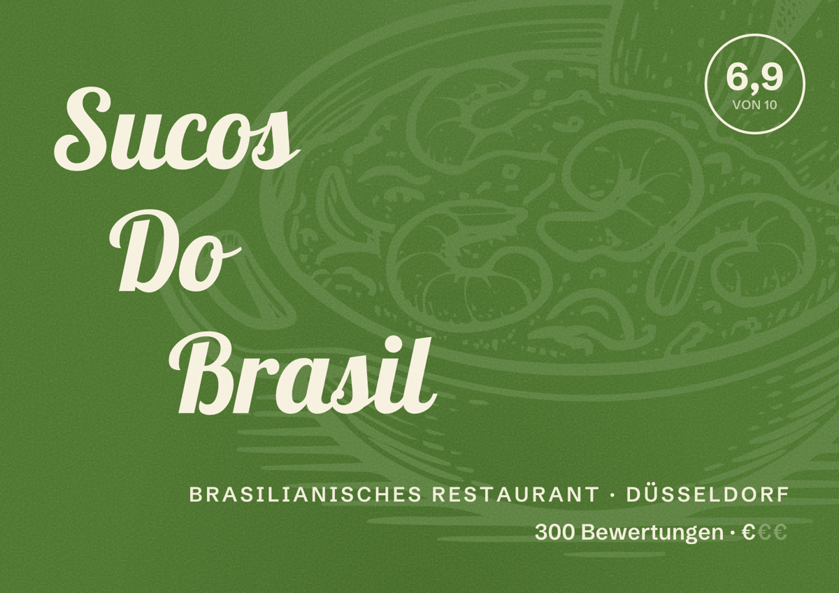 Illustriertes Poster von Sucos Do Brasil, Brasilianisches Restaurant in Düsseldorf: Bewertung 6,9 von 10 aus 300 Bewertungen, Preisniveau €