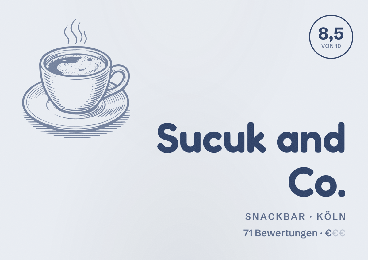 Illustriertes Poster von Sucuk and Co., Snackbar in Köln: Bewertung 8,5 von 10 aus 71 Bewertungen, Preisniveau €