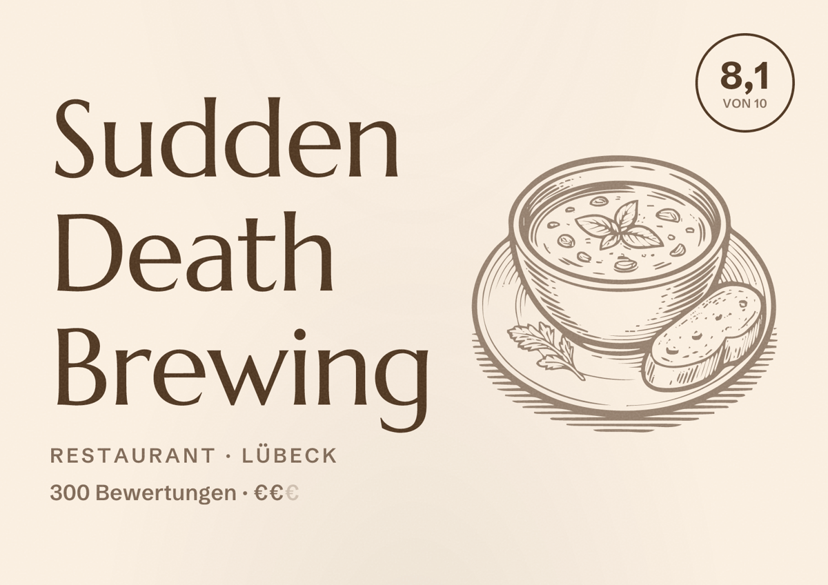 Illustriertes Poster von Sudden Death Brewing, Restaurant in Lübeck: Bewertung 8,1 von 10 aus 300 Bewertungen, Preisniveau €€