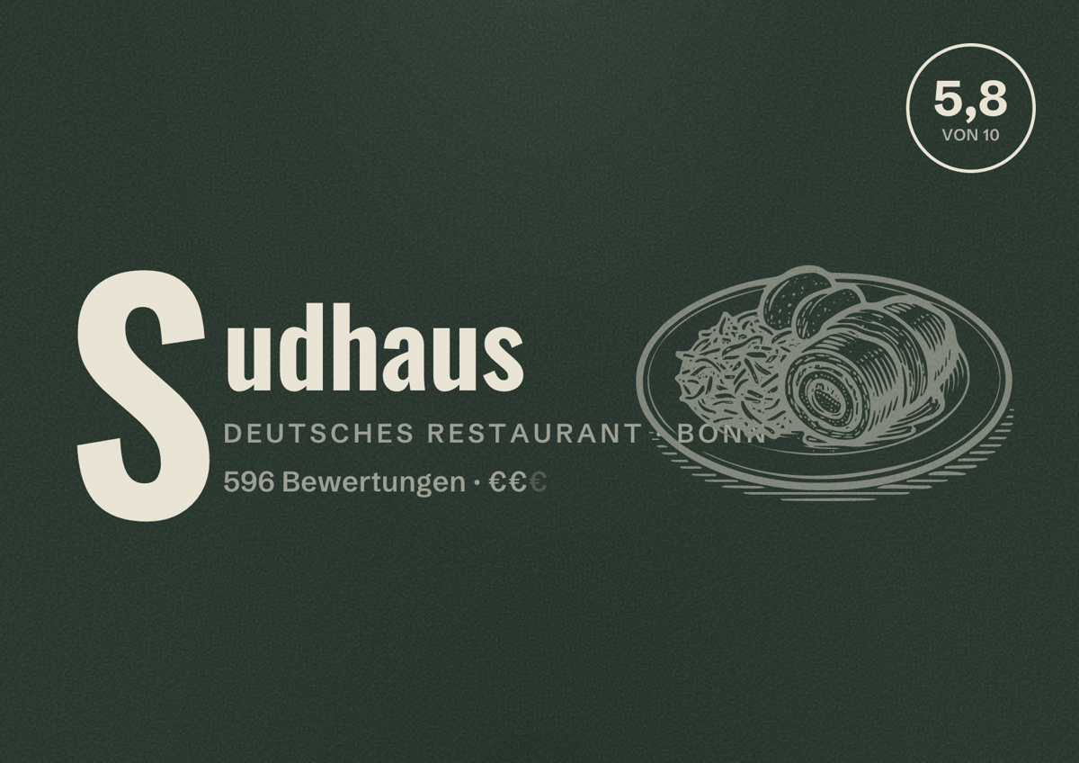 Illustriertes Poster von Sudhaus, Deutsches Restaurant in Bonn: Bewertung 5,8 von 10 aus 596 Bewertungen, Preisniveau €€
