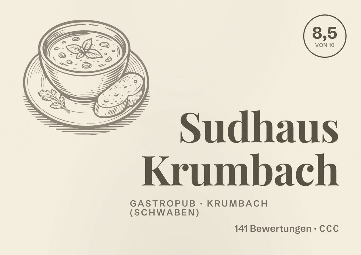 Illustriertes Poster von Sudhaus Krumbach, Gastropub in Krumbach (Schwaben): Bewertung 8,5 von 10 aus 141 Bewertungen, Preisniveau €€€
