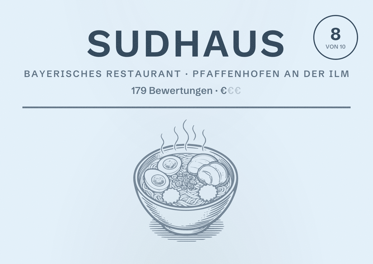 Illustriertes Poster von Sudhaus, Bayerisches Restaurant in Pfaffenhofen an der Ilm: Bewertung 8 von 10 aus 179 Bewertungen, Preisniveau €