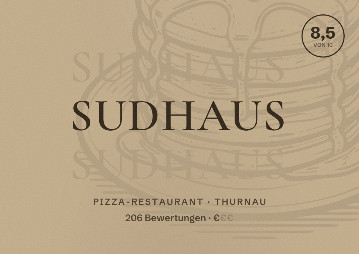 Illustriertes Poster von SudHaus, Pizza-Restaurant in Thurnau: Bewertung 8,5 von 10 aus 206 Bewertungen, Preisniveau €