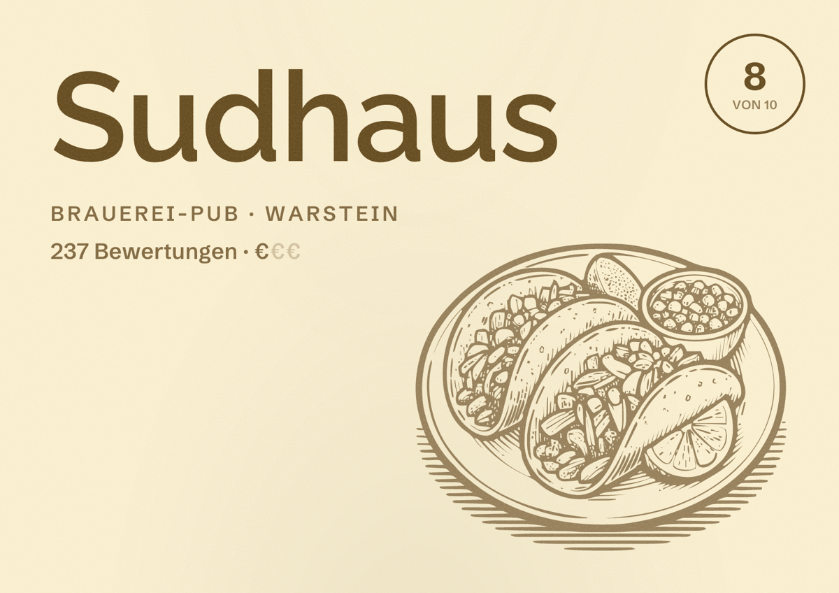 Illustriertes Poster von Sudhaus, Brauerei-Pub in Warstein: Bewertung 8 von 10 aus 237 Bewertungen, Preisniveau €