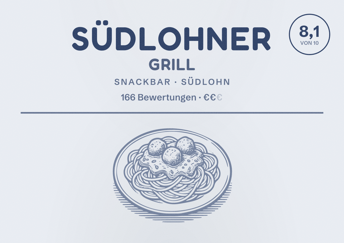 Illustriertes Poster von Südlohner Grill, Snackbar in Südlohn: Gästebewertung 8,1 von 10 aus 166 Bewertungen