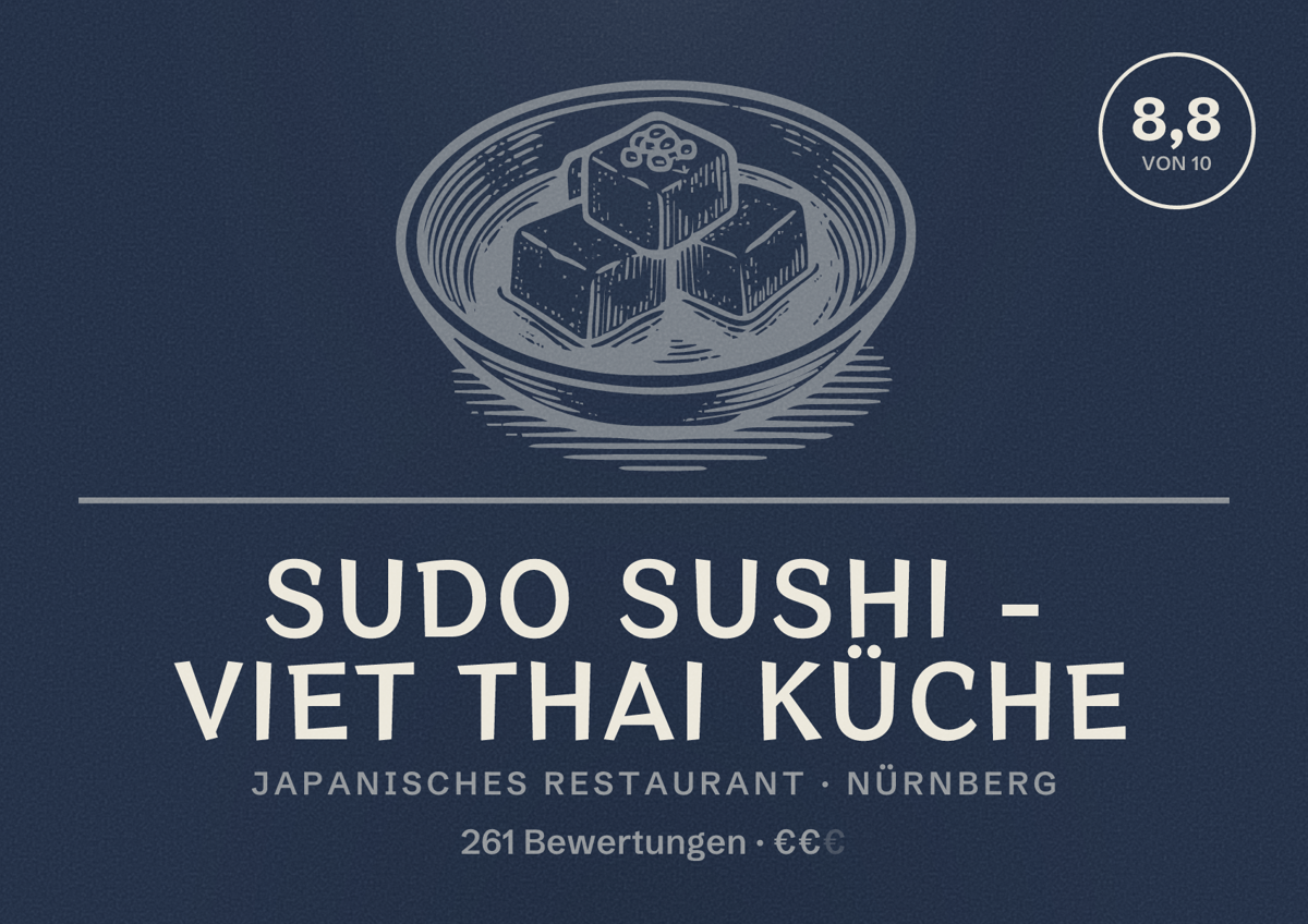 Illustriertes Poster von Sudo Sushi - Viet Thai Küche, Japanisches Restaurant in Nürnberg: Bewertung 8,8 von 10 aus 261 Bewertungen, Preisniveau €€