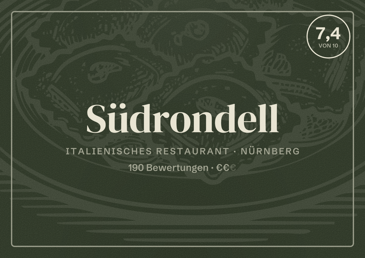 Illustriertes Poster von Südrondell, Italienisches Restaurant in Nürnberg: Bewertung 7,4 von 10 aus 190 Bewertungen, Preisniveau €€