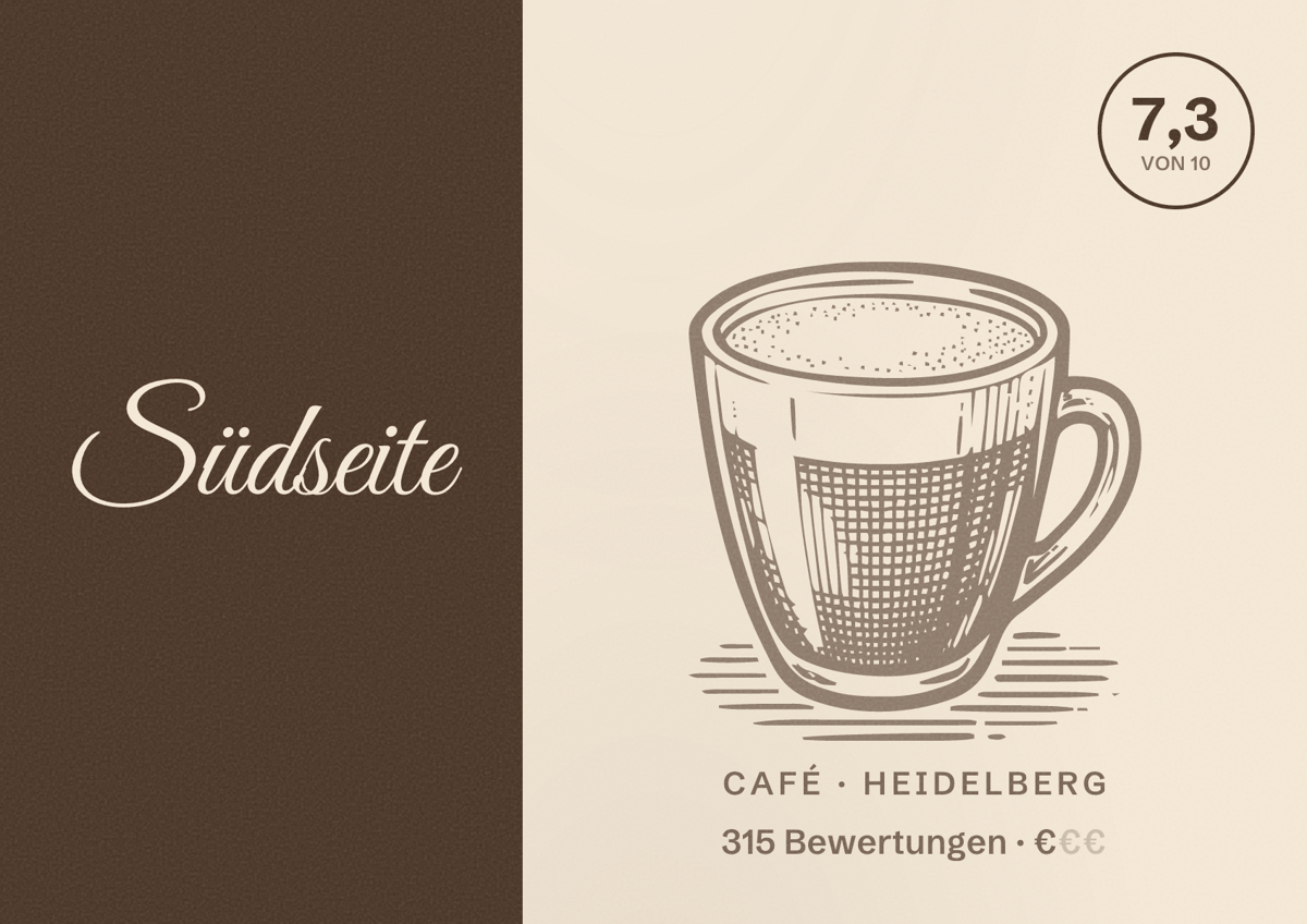 Illustriertes Poster von Südseite, Café in Heidelberg: Bewertung 7,3 von 10 aus 315 Bewertungen, Preisniveau €