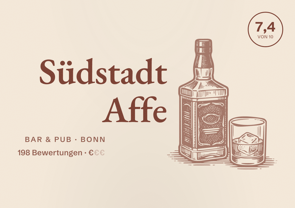 Illustriertes Poster von Südstadt Affe, Bar & Pub in Bonn: Bewertung 7,4 von 10 aus 198 Bewertungen, Preisniveau €
