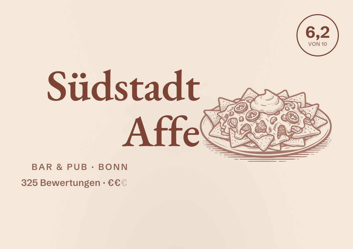 Illustriertes Poster von Südstadt Affe, Bar & Pub in Bonn: Bewertung 6,2 von 10 aus 325 Bewertungen, Preisniveau €€
