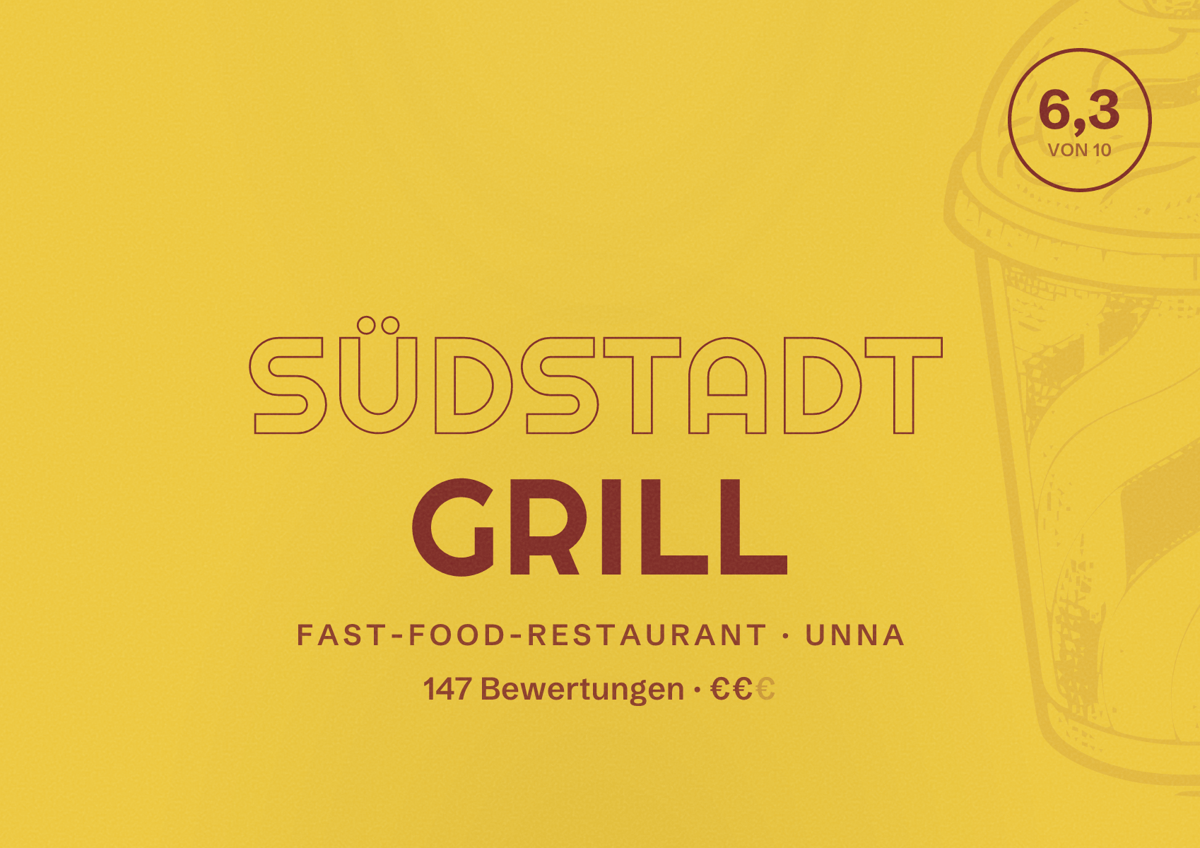 Illustriertes Poster von Südstadt Grill, Fast-Food-Restaurant in Unna: Gästebewertung 6,3 von 10 aus 147 Bewertungen
