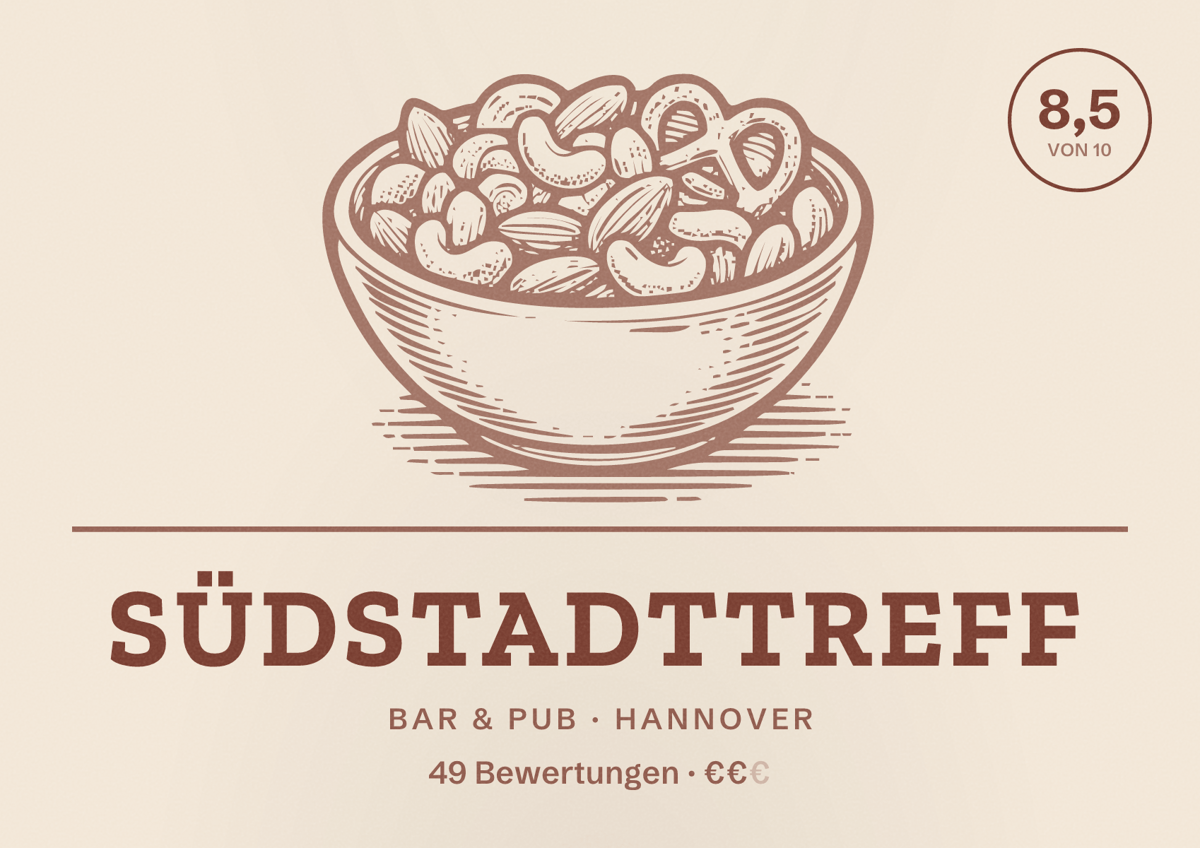 Illustriertes Poster von Südstadttreff, Bar & Pub in Hannover: Bewertung 8,5 von 10 aus 49 Bewertungen, Preisniveau €€