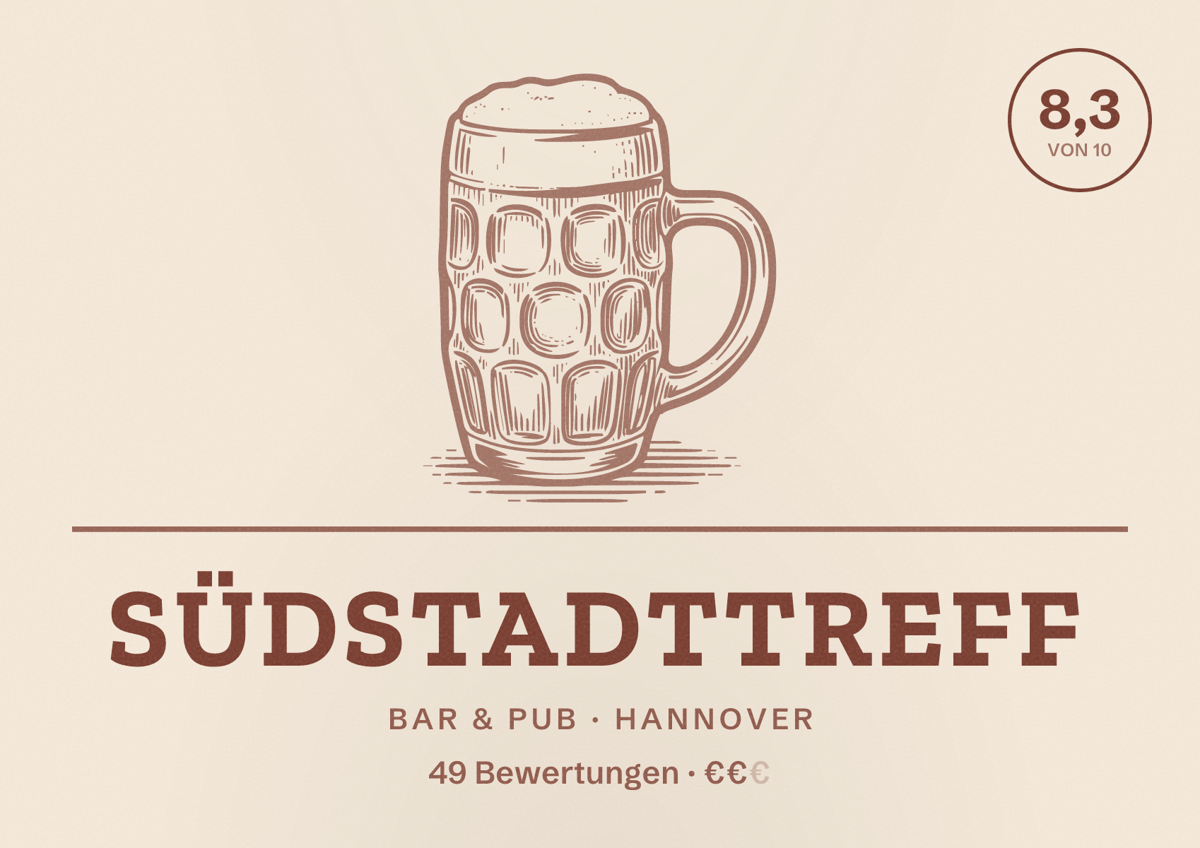 Illustriertes Poster von Südstadttreff, Bar & Pub in Hannover: Bewertung 8,3 von 10 aus 49 Bewertungen, Preisniveau €€