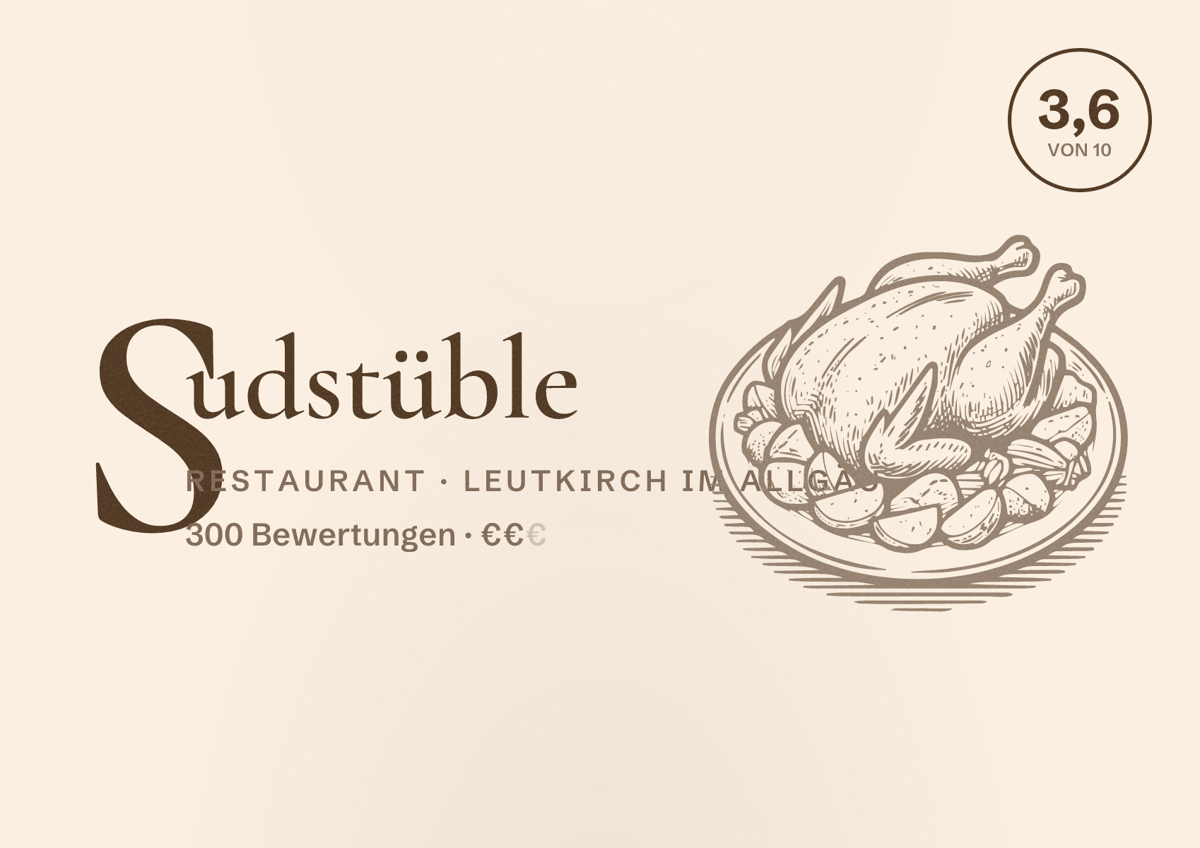 Illustriertes Poster von Sudstüble, Restaurant in Leutkirch im Allgäu: Bewertung 3,6 von 10 aus 300 Bewertungen, Preisniveau €€